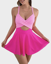 Emoswimsuit - V-Neck Cutout One-Piece Swimdress with Tummy Control